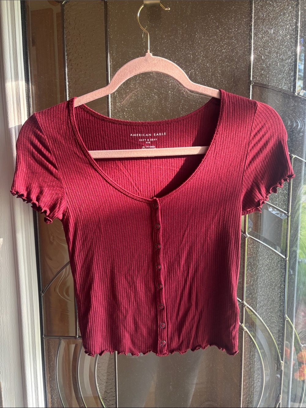 American Eagle Outfitters Burgundy Ribbed Button-Up Crop Top